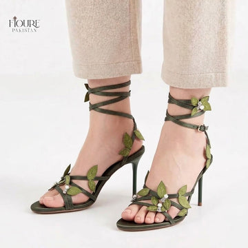 Fioure Crystal Leaf Strappy Stiletto Sandals