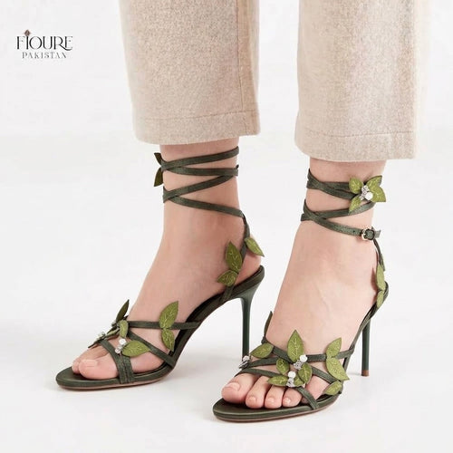 Fioure Crystal Leaf Strappy Stiletto Sandals