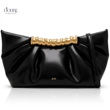 Ruched Vegan Leather Clutch with Statement Gold Hardware | Pleated Evening Shoulder Bag