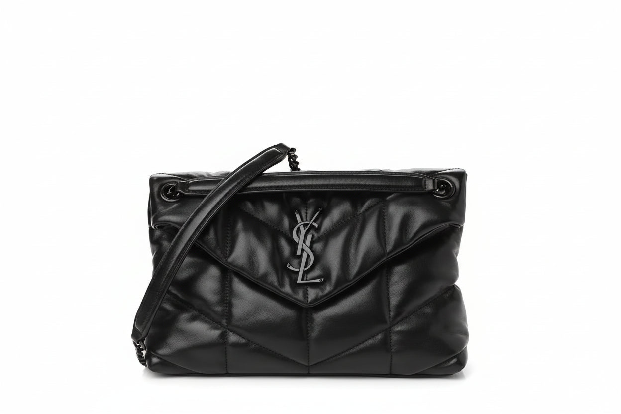 Fioure Puffer Caviar Leather Shoulder Bag — Chain Belt Strap in Silver, Gold & Black