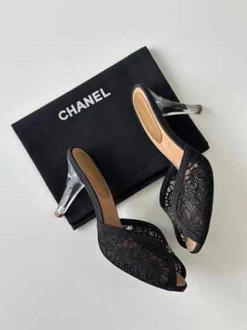 Fioure Lace Mule Heels — Transparent Lucite Heel with CC-Style Logo