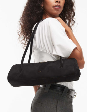 Fioure Faux Suede Baguette Shoulder Bag — Gold Hardware & Interior Zip Pocket