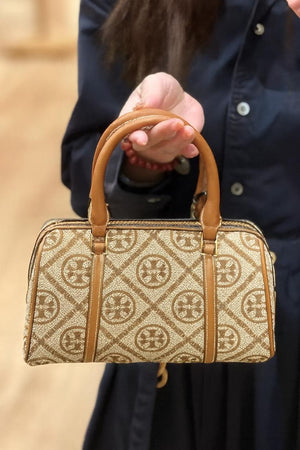 Fioure T Monogram Petite Barrel Bag — Jacquard with Leather Trim & Crossbody Strap