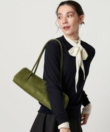 Fioure Faux Suede Baguette Shoulder Bag — Gold Hardware & Interior Zip Pocket