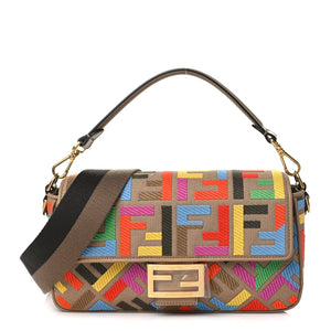 Fioure Multicolor FF Embroidered Baguette Bag — Gold Turn-Lock & Leather Trim