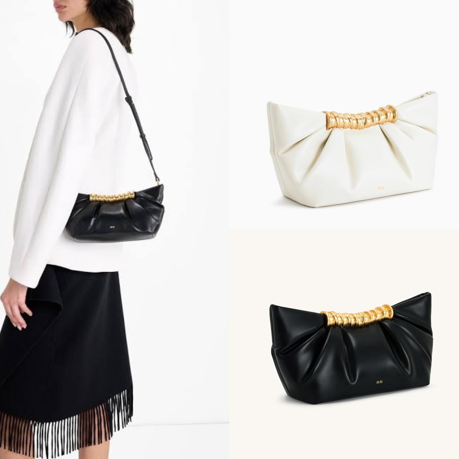 Fioure Leia Ruched Clutch — black and white colour options with strap