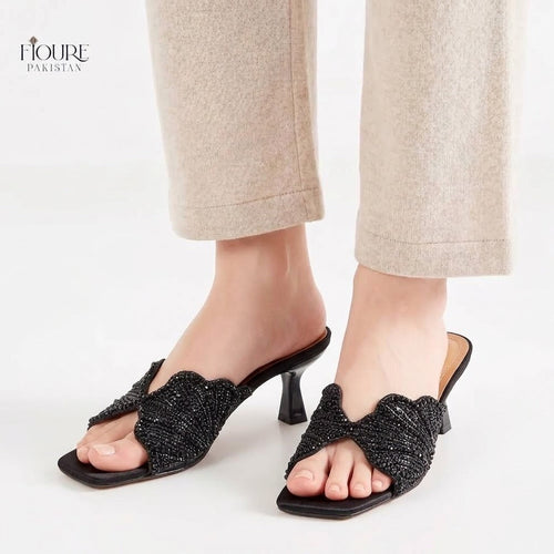 Fioure Crystal Embellished Flared Heel Mules