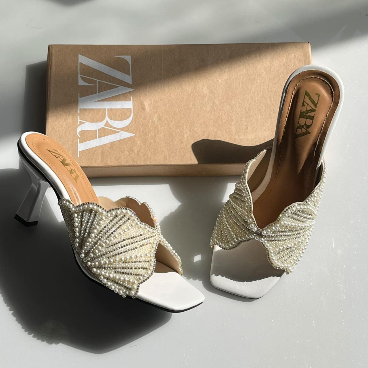 Fioure Crystal Embellished Flared Heel Mules in Nude Beige