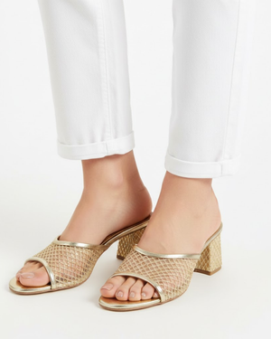 Fioure Crystal Embellished Block Heel Mules — Quilted Mesh with Rhinestone Detail