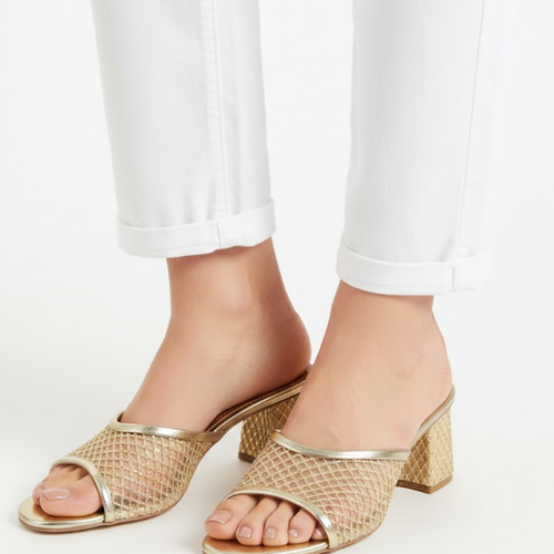 Fioure Crystal Embellished Block Heel Mules — Quilted Mesh with Rhinestone Detail