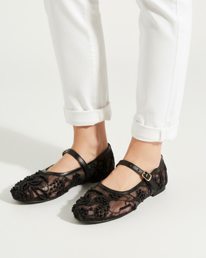 Fioure Pearl Embroidered Mary Jane Ballet Flats — Net Mesh with Floral Beadwork