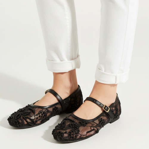Fioure Pearl Embroidered Mary Jane Ballet Flats — Net Mesh with Floral Beadwork
