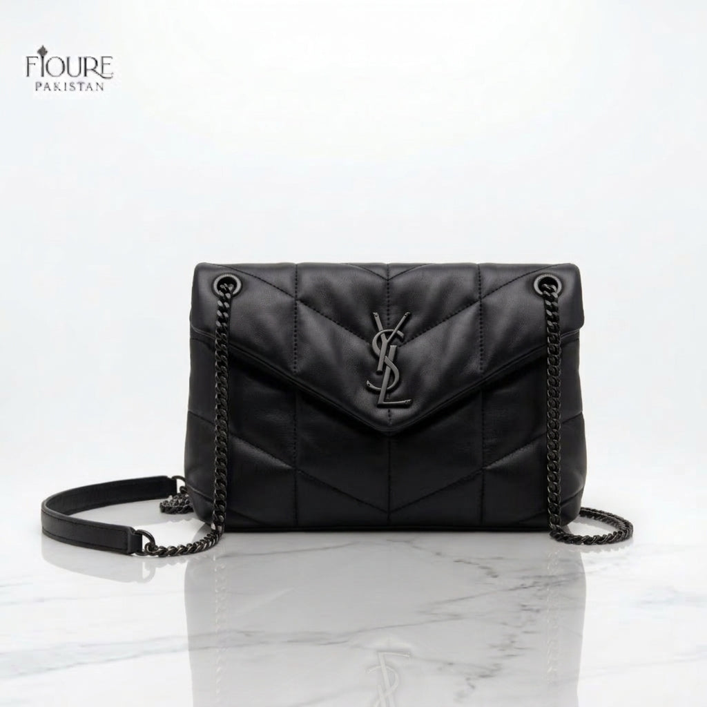 Black quilted puffer chain bag with black hardware
