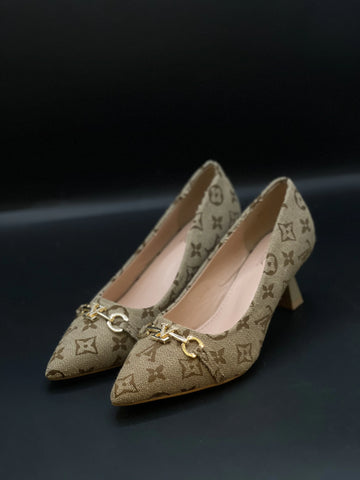 Fioure Heels — Monogram Canvas in Sand Beige