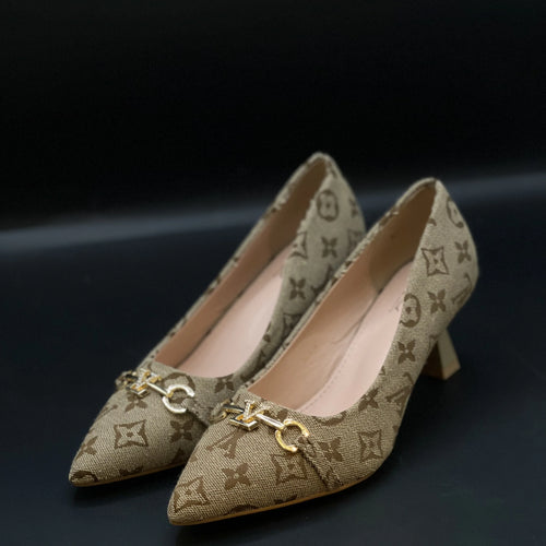 Fioure Heels — Monogram Canvas in Sand Beige