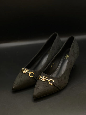 Fioure Heels — Monogram Canvas in Charcoal Black