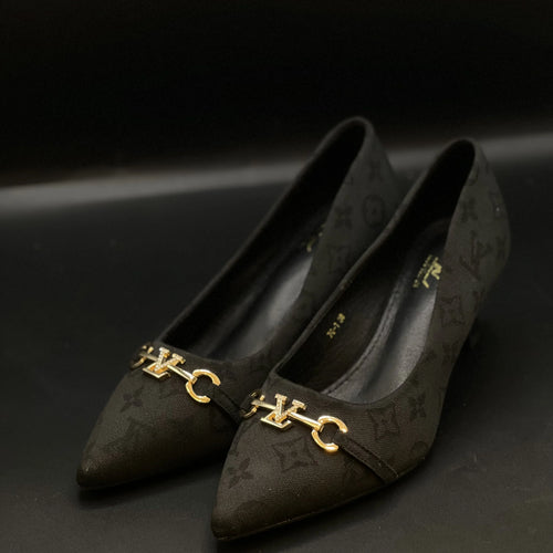 Fioure Heels — Monogram Canvas in Charcoal Black