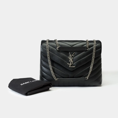 YSL Calfskin Y Quilted Monogram Small Loulou Chain Satchel Black