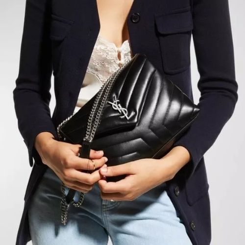 YSL Calfskin Y Quilted Monogram Small Loulou Chain Satchel Black