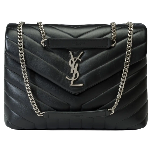 YSL Calfskin Y Quilted Monogram Small Loulou Chain Satchel Black