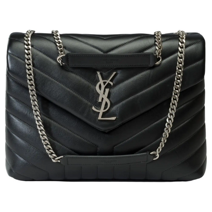 YSL Calfskin Y Quilted Monogram Small Loulou Chain Satchel Black