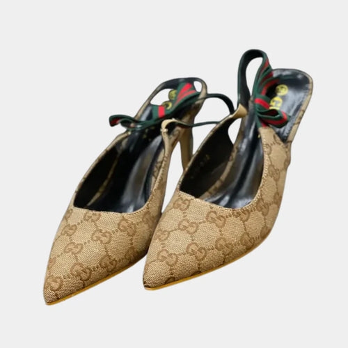 Fioure Heels — Bow Detail & Monogram Canvas in Tan