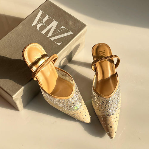 Fioure Rhinestone Pointed Slingback Heels — Crystal Embellished Mules