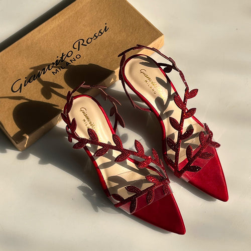Fioure Crystal Leaf Stiletto Heels — Pointed Toe with Embellished Ankle Strap