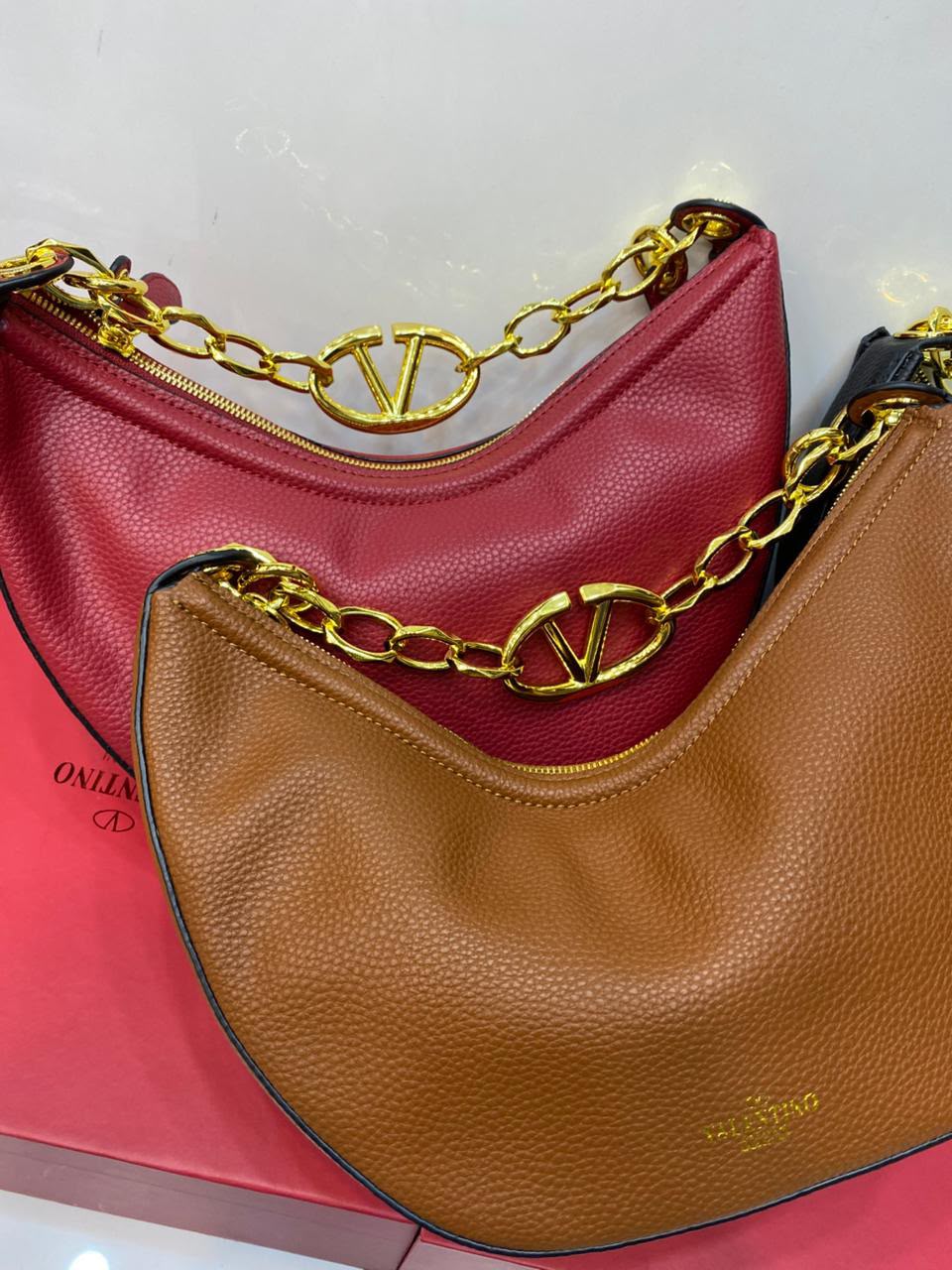 VLTN Vlogo Moon Medium Hobo Bag - Brown and Red