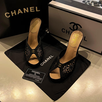 Chanel Lace Mule Heels - Transparent Heel with CC Logo