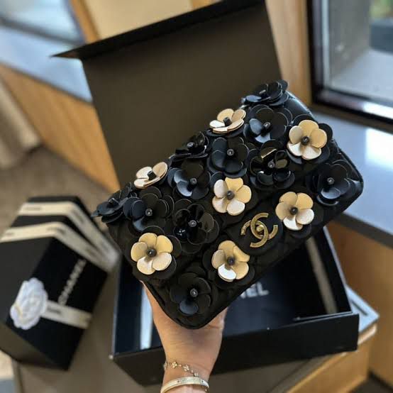 Fioure Camellia Floral Embellished Flap Bag — Quilted Leather with Gold Logo Hardware