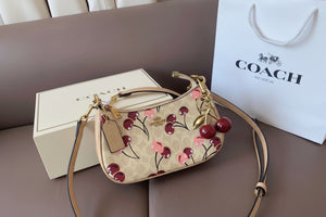 Fioure Signature Canvas Shoulder Bag — Cherry Charm & Detachable Strap