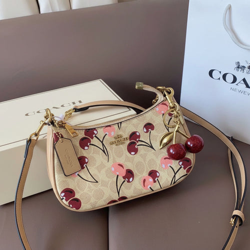 Fioure Signature Canvas Shoulder Bag — Cherry Charm & Detachable Strap