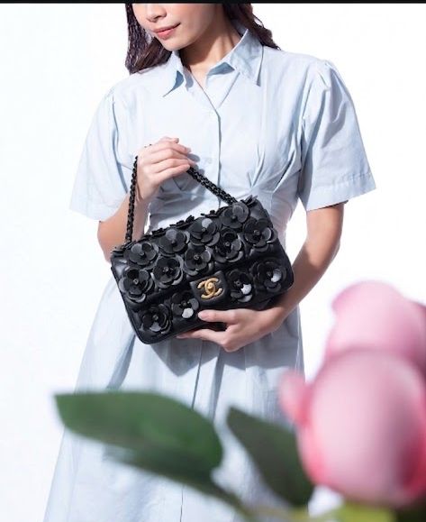 Fioure Camellia Floral Embellished Flap Bag — Quilted Leather with Gold Logo Hardware