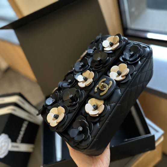 Fioure Camellia Floral Embellished Flap Bag — Quilted Leather with Gold Logo Hardware