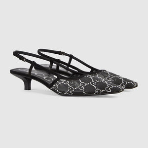 Fioure Crystal Mesh Slingback Pumps — Low Block Heel with Buckle Closure
