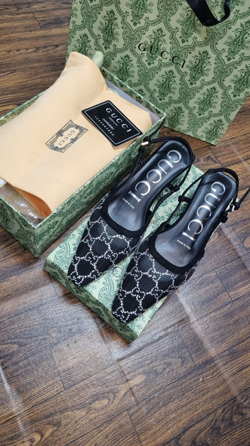 Fioure Crystal Mesh Slingback Pumps — Low Block Heel with Buckle Closure