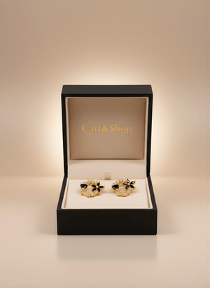 Fioure Jardin de Nuit Hoop Earrings — Black Onyx Blossom & White Crystal Botanical Hoops