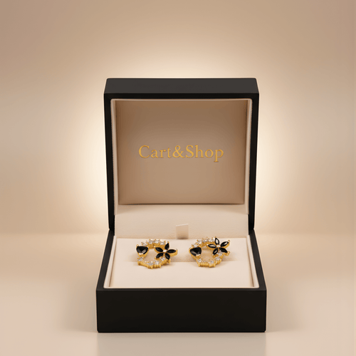 Fioure Jardin de Nuit Hoop Earrings — Black Onyx Blossom & White Crystal Botanical Hoops