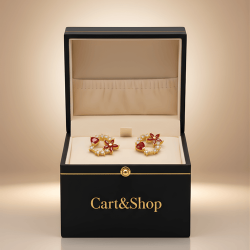 Fioure Jardin de Rubis Hoop Earrings — Crimson Heart & Gold Floral Wreath Hoops