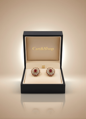 Fioure Imperial Solstice Stud Earrings — Crimson Ruby Centre with Pavé Micro-Crystal Sunburst