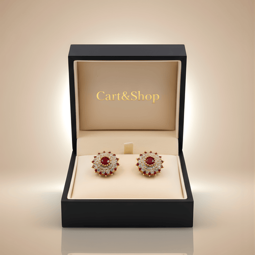 Fioure Imperial Solstice Stud Earrings — Crimson Ruby Centre with Pavé Micro-Crystal Sunburst