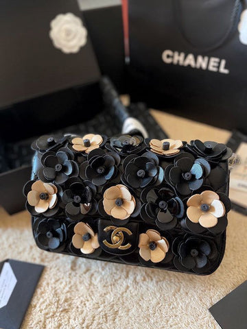 Fioure Camellia Floral Embellished Flap Bag — Quilted Leather with Gold Logo Hardware