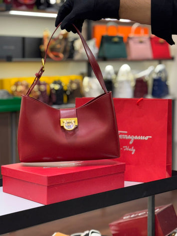 Fioure Trifolio Leather Shoulder Bag — Gold Gancini Clasp & Adjustable Strap