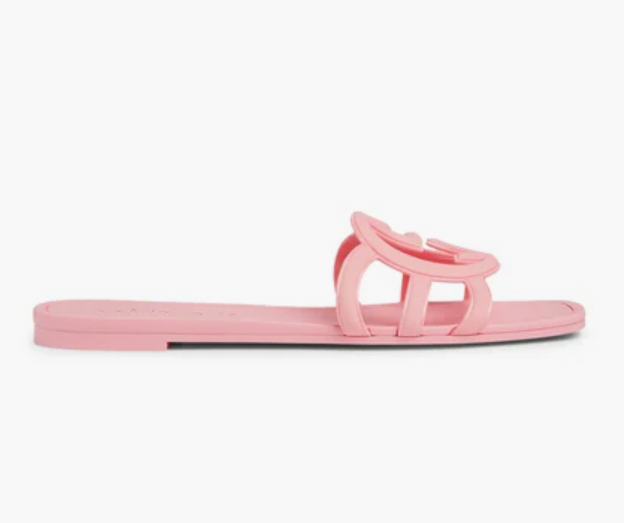 Front view of Gucci women's Mystic logo slide sandals in pink – stylish summer footwear with bold branding for women.