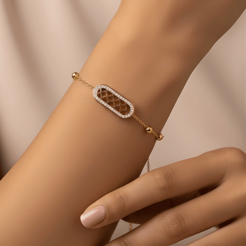 Fioure Empress Lattice Bracelet — Gold Mesh Oval Centrepiece with Pavé Halo Setting