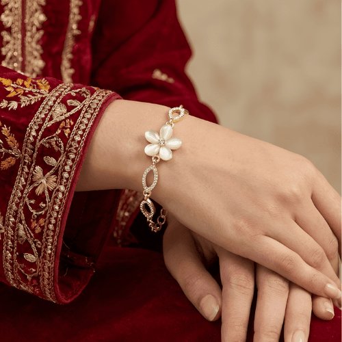 Fioure Floral Pearl Charm Bracelet — Delicate Flower Motifs with Lustrous Pearl Accents