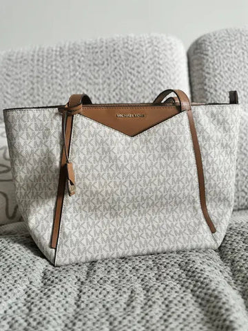 Michael Kors Medium Tote Bag - Signature MK Logo Canvas with Leather Trim
