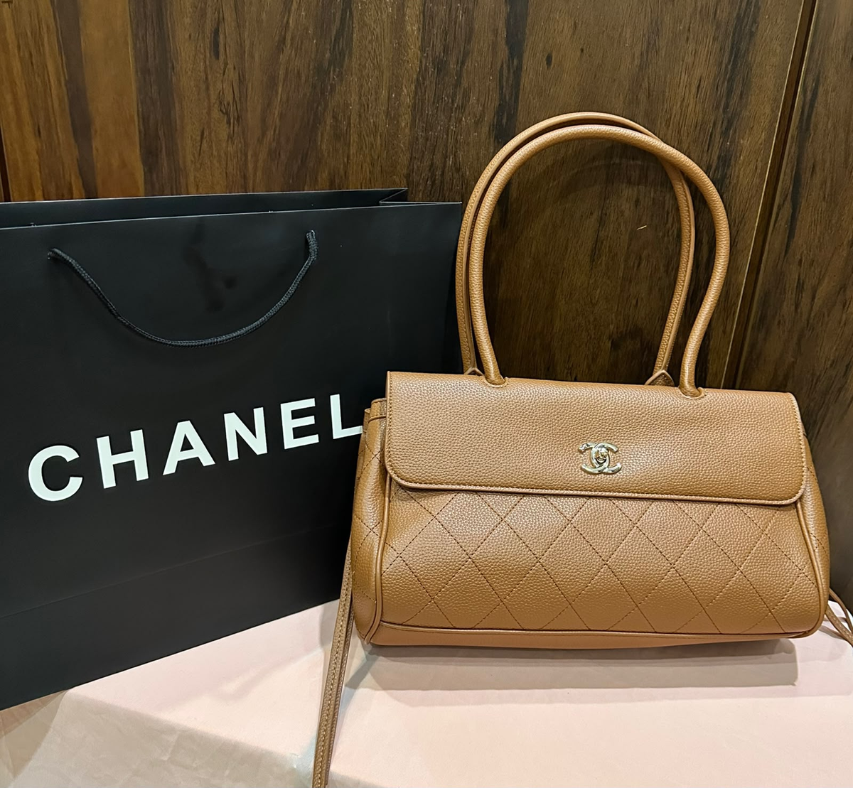 CC Quilted Shoulder Bag - Black with shopping bag