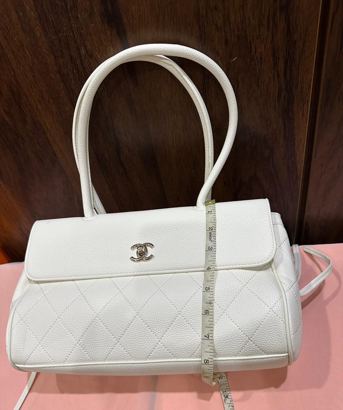 CC Quilted Shoulder Bag - White with shopping bag